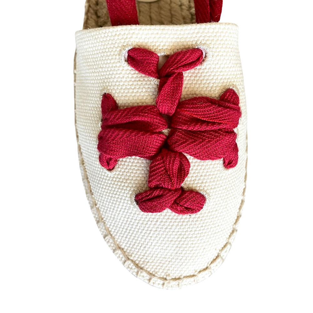 TORY BURCH Size 10 Woven Double T Espadrille Red Wrap-Around Tie Platform Flats - Picture 11 of 13